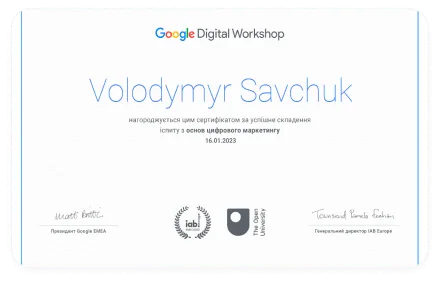 Certificate from Google Digital Workshop