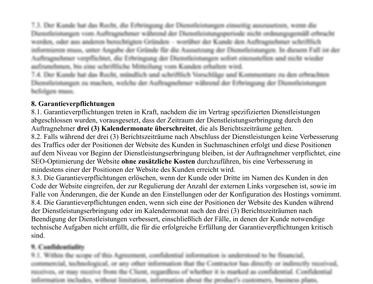 Auszug aus dem Vertrag mit den SEO-Garantien