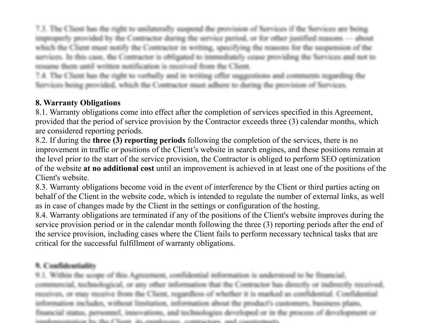 Excerpt from the contract with SEO guarantees